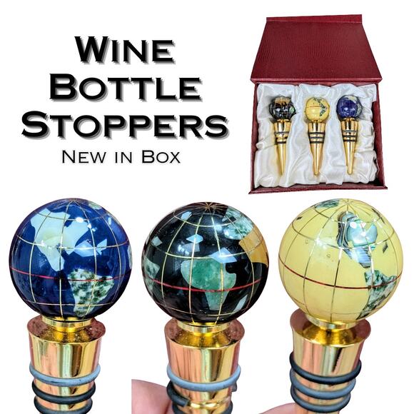 Gemstone World Globe Wine Bottle Stoppers Set 3 Heavy Gold Blue New In Box Gift - Picture 1 of 12
